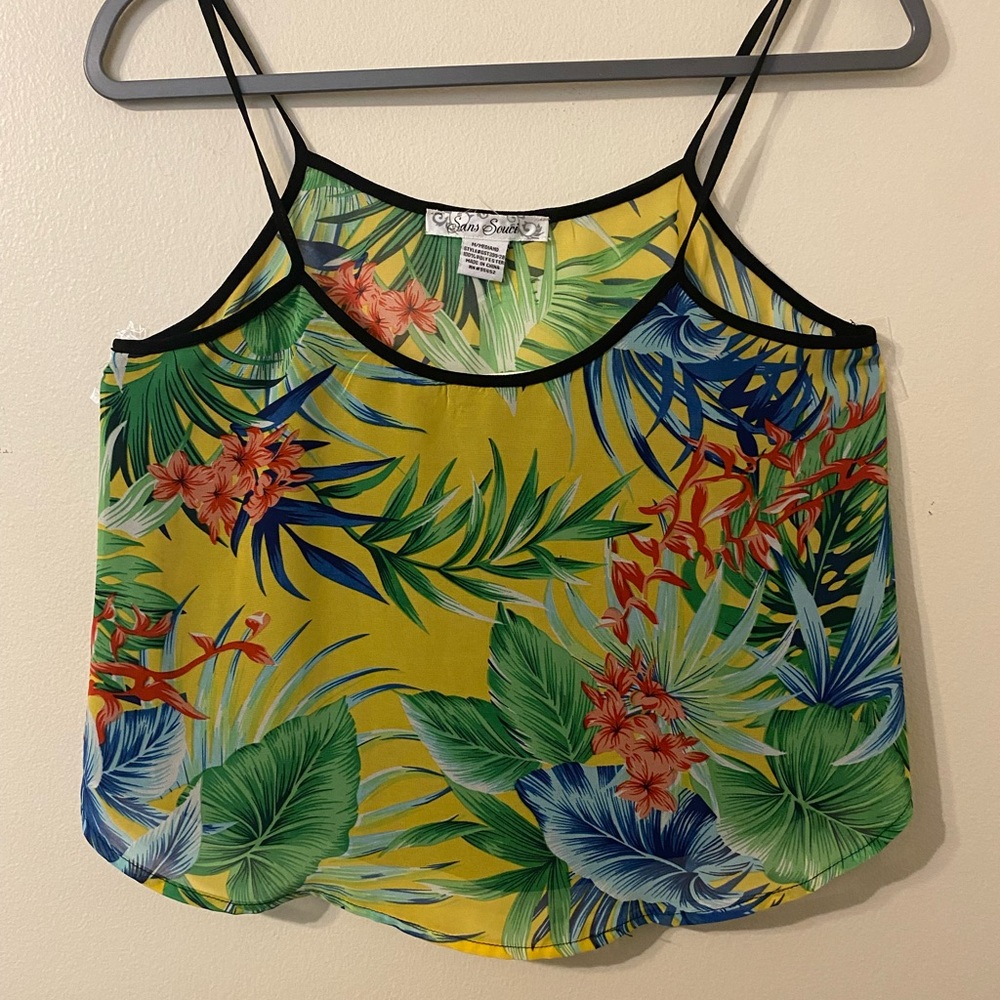 New NWT Sans Souci Yellow Floral Spaghetti Strap Cropped Tank Top Size Medium